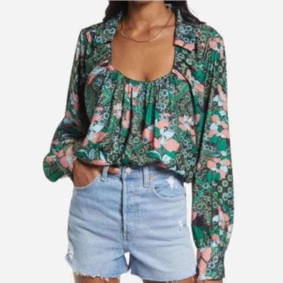 Free People Sage Floral Print Long Sleeve Shirt Blouse Top Boho Size XS Women's - Picture 1 of 12